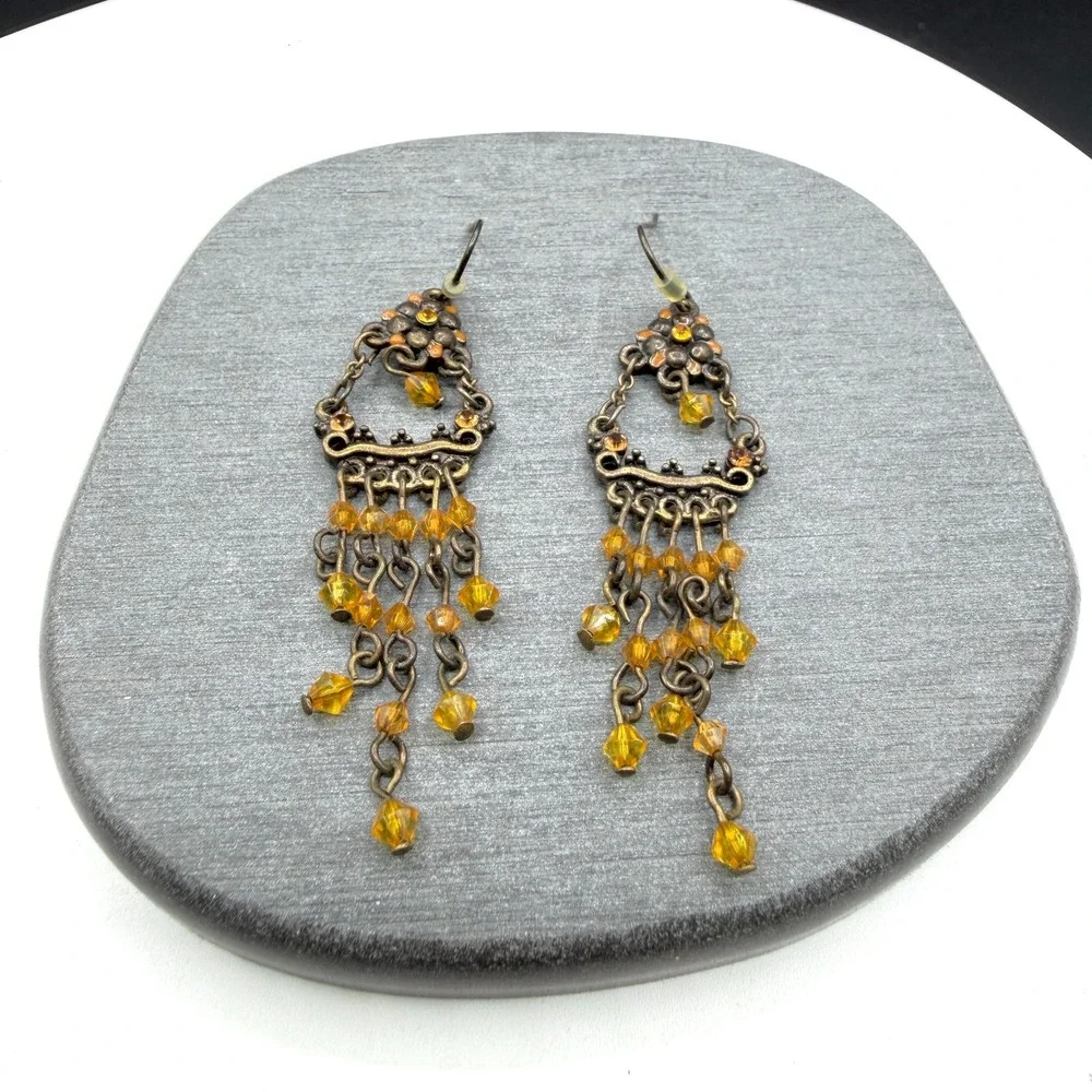 Bronze & Amber Tone Bead Chandelier Earrings Boho Floral Statement Pierced Drop